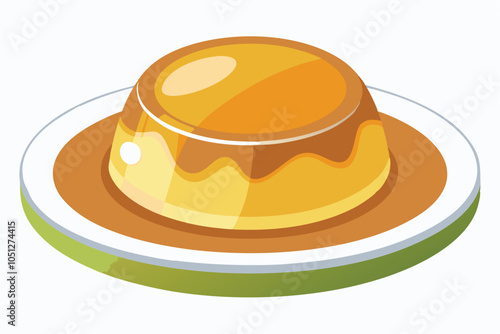 Vanilla Custard Pudding with Caramel Sauce Icon. Creamy Dessert Illustration on Plate, Vector Design.