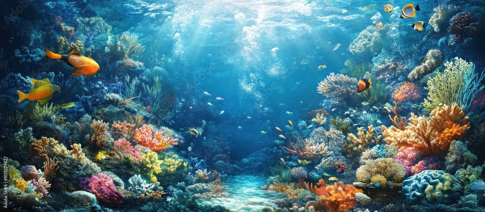 Fototapeta premium Vibrant coral reef with colorful fish swimming in clear blue water with sunbeams breaking through the surface.
