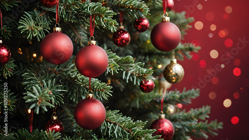 Close-Up of Decorated Christmas Tree: Celebrating the Magic of Christmas with a Festive Backdrop. Beautiful Macro photography shows many pendants, branches and leaves and ornaments. Generative AI