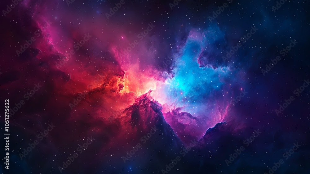 Obraz premium Stunning cosmic scene with vibrant colors of purple, blue, and pink swirling in a nebula, representing the vastness of the universe.