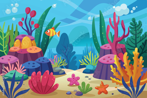 Vector cartoon colorful underwater landscape with sea plants and corals