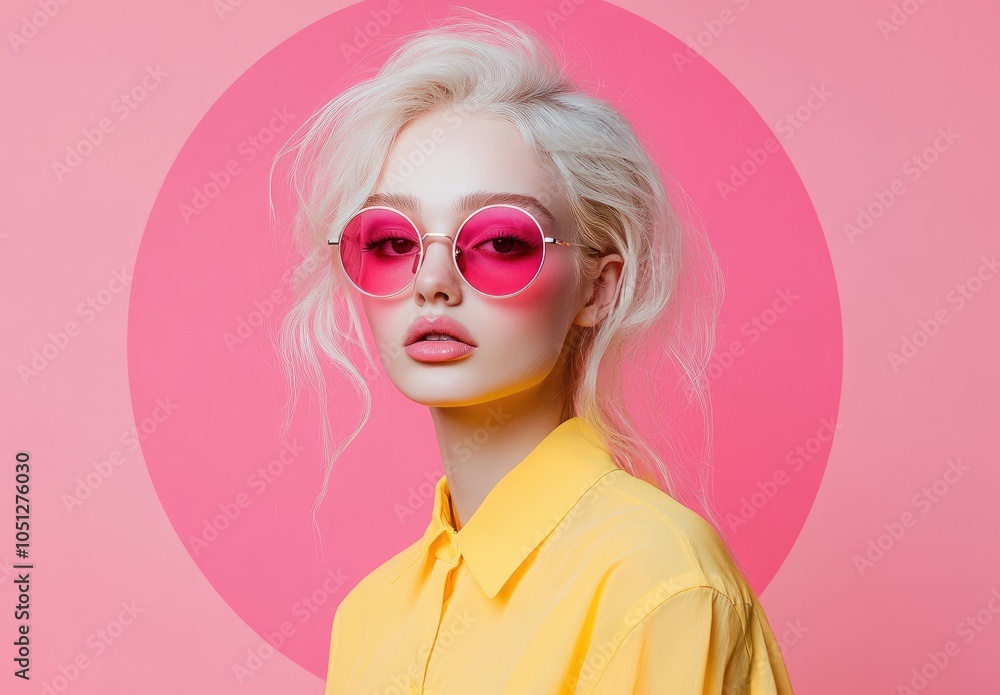 Portrait of a beautiful woman with white hair, wearing pink sunglasses, in a fashion pose Portrait of a beautiful woman with white hair, wearing pink sunglasses, in a fashion pose