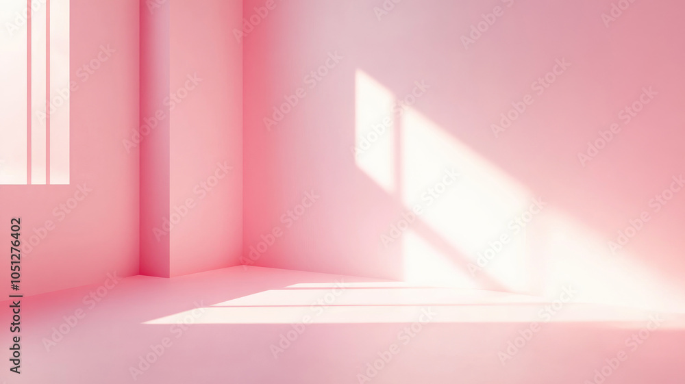 Minimalist pink room with bright sunlight casting shadows on walls Minimalist pink room with bright sunlight casting shadows on walls