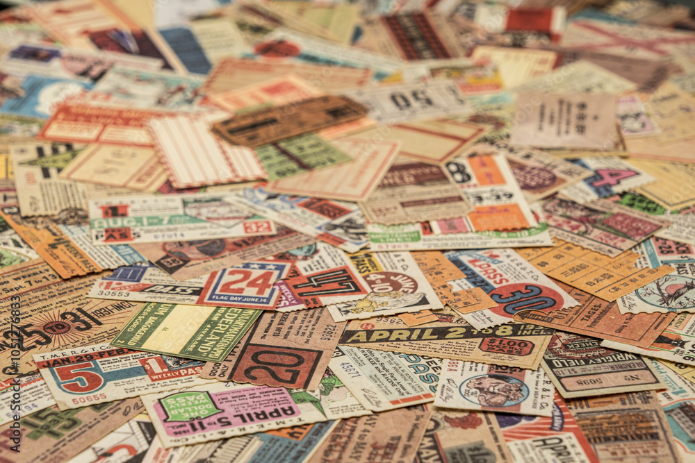 Naklejka premium vintage tickets from around the world, theater, movie, concerts, transport, boarding passes, hotel reception cards and other documents