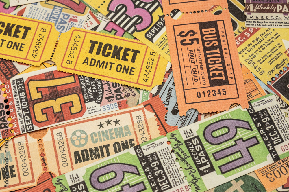 Obraz premium vintage tickets from around the world, theater, movie, concerts, transport, boarding passes, hotel reception cards and other documents