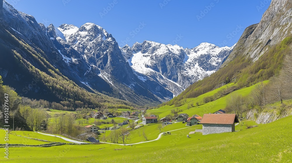 A picturesque village nestled in a valley surrounded by snow-capped mountains. A picturesque village nestled in a valley surrounded by snow-capped mountains.