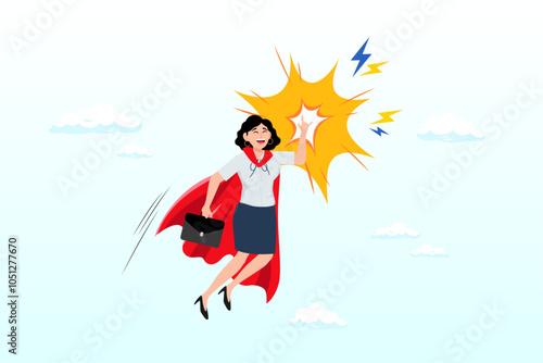 Superheroine businesswoman with superpower to win business success, strength, power to control and finish work, confidence great responsibility, courage, strong positive attitude with fearless mindset