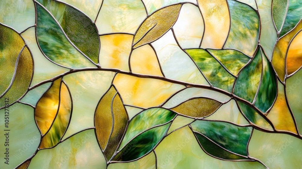 Handmade stained glass texture with botanical designs, soft green and yellow tones. Handmade stained glass texture with botanical designs, soft green and yellow tones.