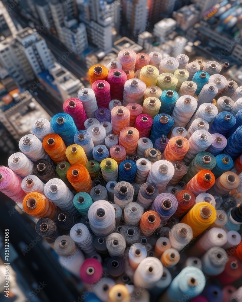 Overhead View of Colorful Thread Spools in Urban Setting Overhead View of Colorful Thread Spools in Urban Setting