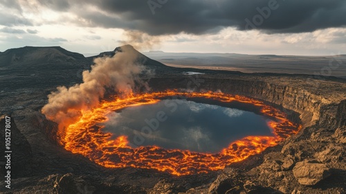 High-angle fantasy scene of a crater lake filled with lava and sulfur, with fire and smoke rising over an alien landscape.