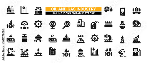 36 Oil and Gas Industry Line Icons Set Pack Editable Stroke Vector Illustration.