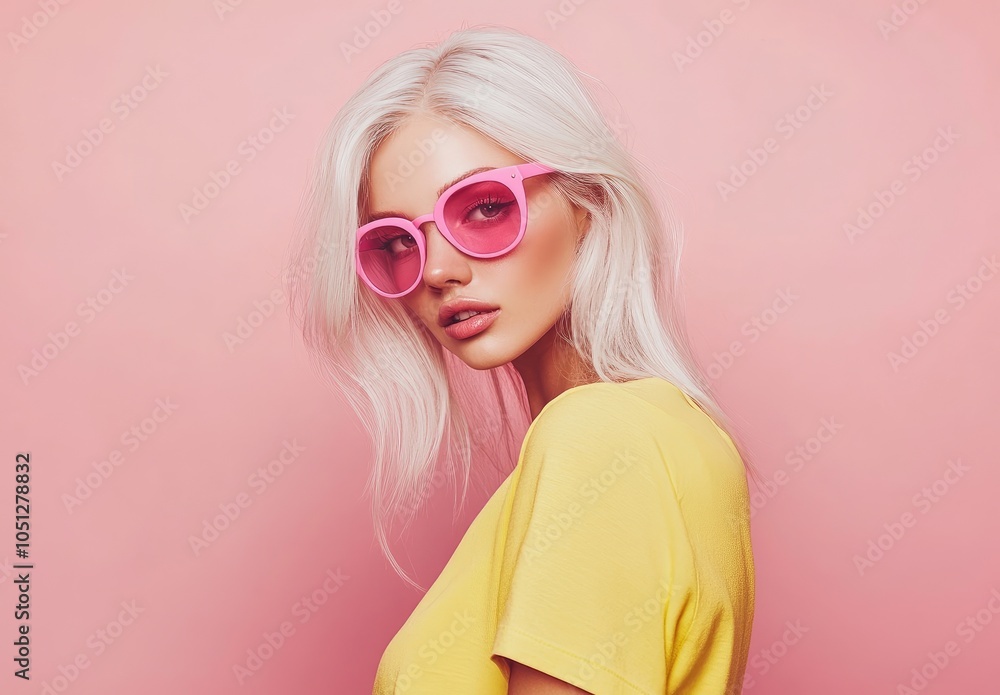 Portrait of a beautiful woman with white hair, wearing pink sunglasses, in a fashion pose Portrait of a beautiful woman with white hair, wearing pink sunglasses, in a fashion pose
