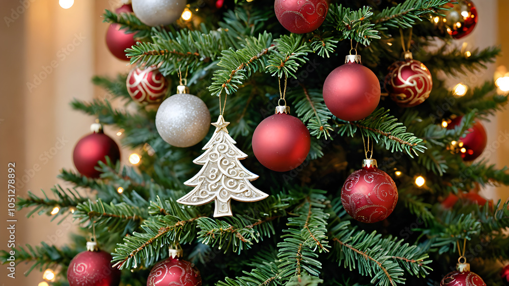 Close-Up of Decorated Christmas Tree: Celebrating the Magic of Christmas with a Festive Backdrop. Beautiful Macro photography shows many pendants, branches and leaves and ornaments. Generative AI Close-Up of Decorated Christmas Tree: Celebrating the Magic of Christmas with a Festive Backdrop. Beautiful Macro photography shows many pendants, branches and leaves and ornaments. Generative AI