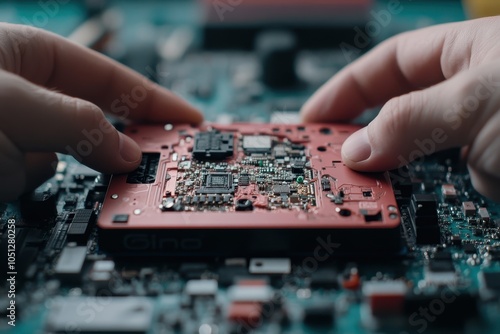 Hands Working on a Gaming Console Teardown Shot photo