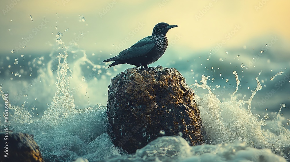 Fototapeta premium Seabird on a Rock Amidst the Crashing Waves