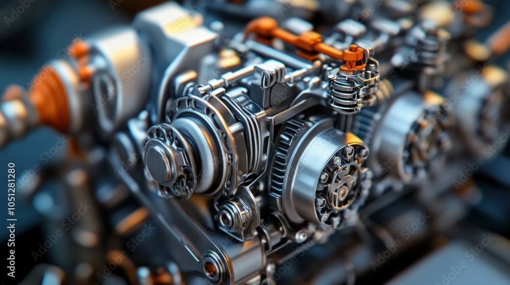 Micro Engine Model - Tiny model engine, high-detail close-up, representing craftsmanship and micro-engineering in an industrial setting. Micro Engine Model - Tiny model engine, high-detail close-up, representing craftsmanship and micro-engineering in an industrial setting.