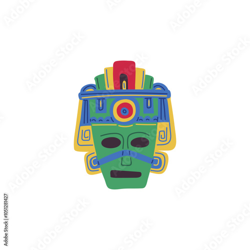 Tribal mask colorful paint decorated vector icon, Aztecs or Mayans carved wood mask face ritual ethnic totem