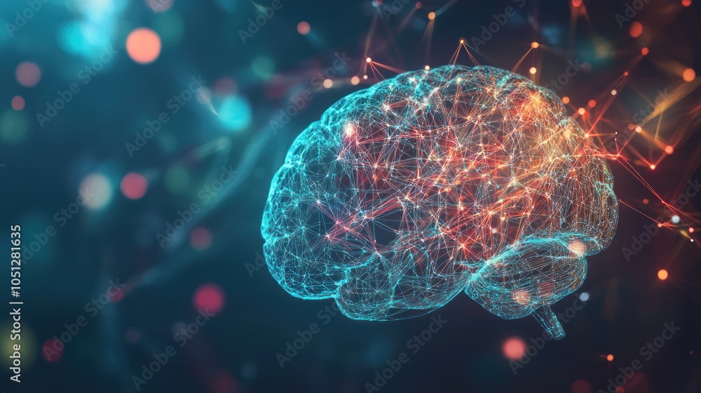 A digital rendering of a human brain with connected nodes, representing neural pathways and information processing. A digital rendering of a human brain with connected nodes, representing neural pathways and information processing.