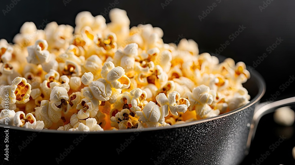 Freshly popped popcorn in a black bowl on a dark background. Freshly popped popcorn in a black bowl on a dark background.