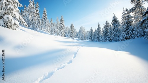 Snow covered trees and a path through a snowy forest.