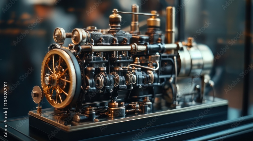 Fototapeta premium Mini Engine Model - Miniature engine on display, detailed components, capturing hobbyist craftsmanship and small-scale engineering.