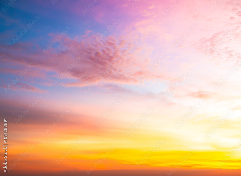 Fototapeta premium Sky sunset evening background sunrise dusk cloud dramatic orange twilight red warm sunny dawn sunshine romantic calm nature, cloudscape summer autumn spring scene, environment ecosystem energy.
