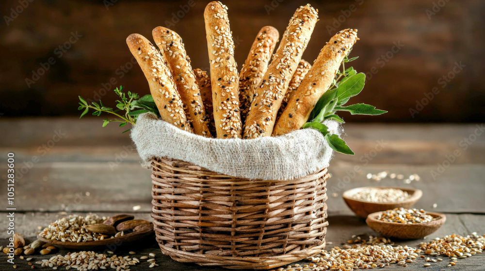 Obraz A wicker basket filled with golden, sesame-coated breadsticks, garnished with greens, showcasing a rustic, appetizing presentation.