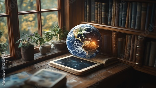 Fototapeta Naklejka Na Ścianę i Meble -  Floating Globe on Open Book by Window
