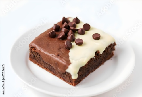 Chocolate and vanilla half brownie with choco nuts on top with a white plate for hotel menu in white background