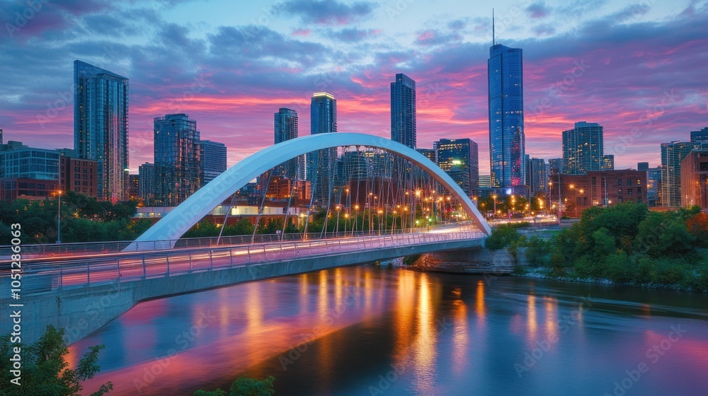 Naklejka premium Urban Bridge Design - Stylish urban bridge crossing a busy cityscape, blending with the modern skyline and showing urban connectivity.