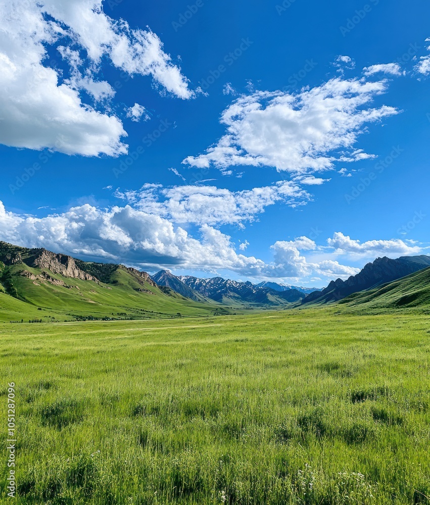 A vast green field with rolling hills and a blue sky with white clouds in the background. A vast green field with rolling hills and a blue sky with white clouds in the background.