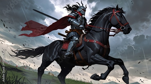 a knight on a horse with a sword and shield.