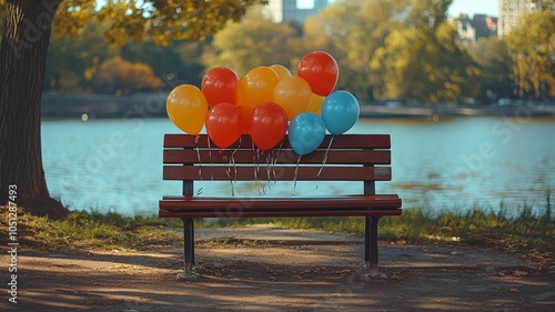 Vibrant balloons tied to a park bench by a serene lakeside view photo