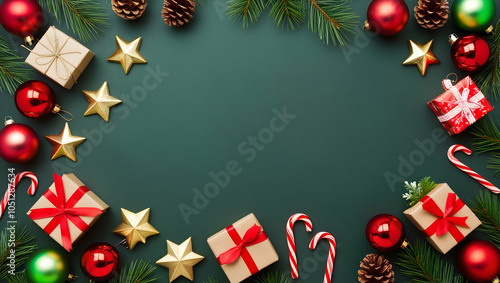 A festive Christmas scene with gifts, ornaments, and candy canes on a dark green background.