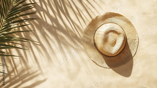 Flatlay of straw summer hat with palm leaf shadows on beige textured background for printable product mockups with earthy organic vibes