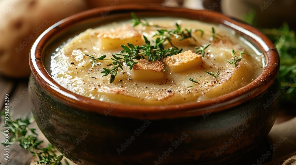 Simple Elegant Bowl of Potato Soup Garnished with Herbs Simple Elegant Bowl of Potato Soup Garnished with Herbs