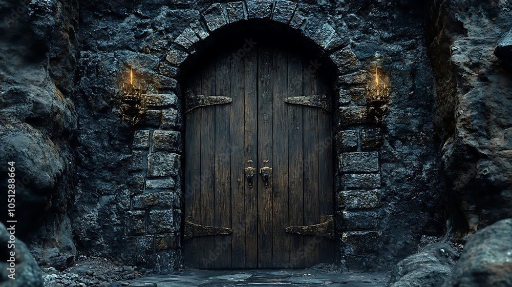 Fototapeta premium The wall of the rock castle has a big wooden door