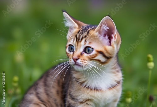 Wallpaper Mural A cute cat with a fluffy face on a green grass background striped kitty domestic animal Torontodigital.ca