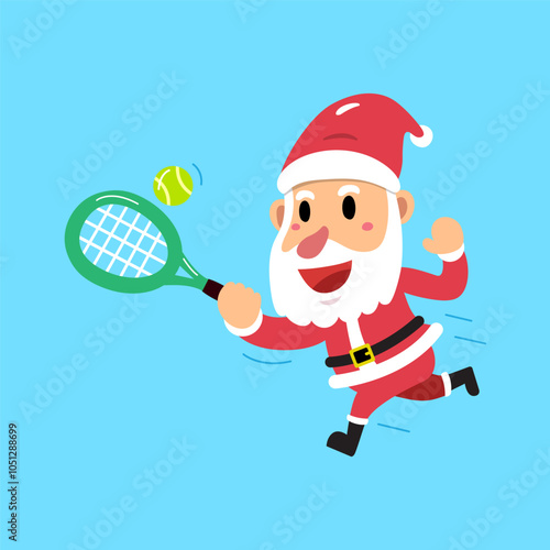 Cartoon character happy santa claus playing tennis for design.