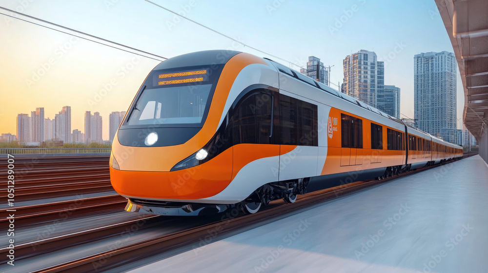Fototapeta premium The orange yellow subway runs on the elevated track