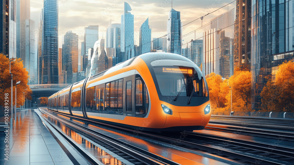 Obraz premium The orange yellow subway runs on the elevated track