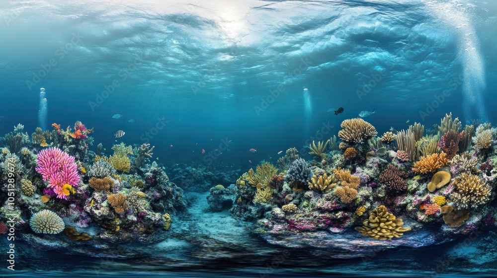 A vibrant underwater 360-degree view of a coral reef teeming with colorful fish and diverse marine life. A vibrant underwater 360-degree view of a coral reef teeming with colorful fish and diverse marine life.