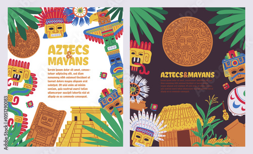 Aztecs and Mayans native ethnic culture vector posters set, traditional religious totem pole, tribal masks, pyramids