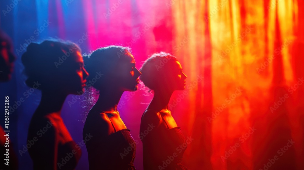Silhouetted profiles of women illuminated by vibrant colored lights. Silhouetted profiles of women illuminated by vibrant colored lights.