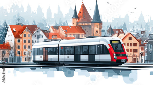 Gothic architecture in European cities, with trams passing through the city center #1051291221