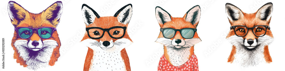Obraz premium Whimsical of foxes wearing fashionable eyeglasses and cozy winter scarves capturing their playful and intelligent personalities in a style