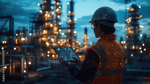 Worker in safety gear using tablet at night in oil refinery with glowing lights.