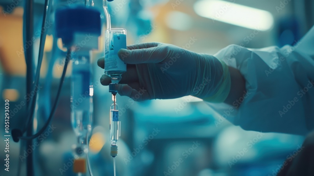 Close-up of a nursea??s hand, carefully adjusting the flow rate of the chemotherapy drip. Close-up of a nursea??s hand, carefully adjusting the flow rate of the chemotherapy drip.