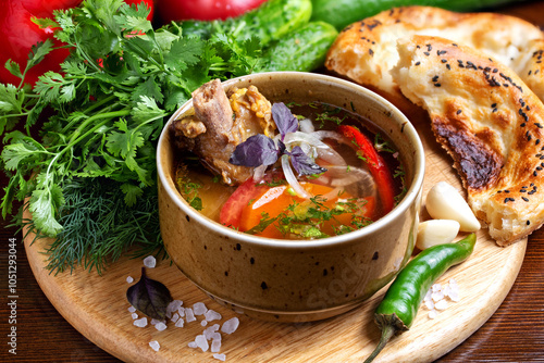 Appetizing meat broth soup with meat on the bone and vegetables in a plate against the background of fresh vegetables, on a wooden board. Cafe, lunch, close-up.