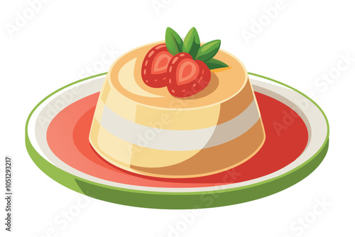 Vanilla Panna Cotta with Strawberry Sauce Icon Creamy Dessert on Plate, Vector Illustration.